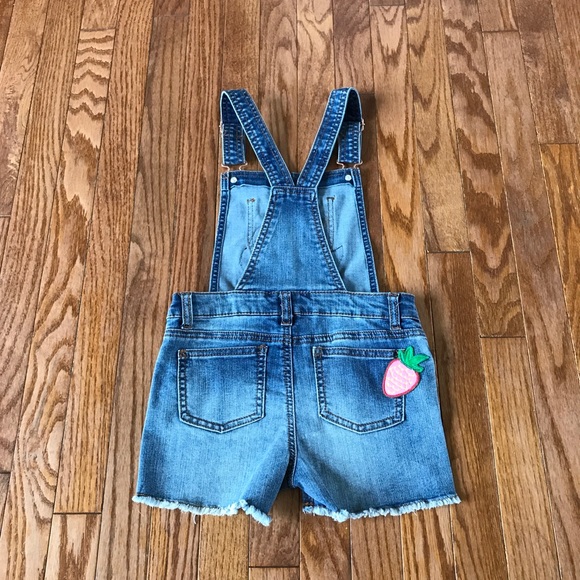 NWT! Cat&Jack Kids Girls distressed denim jean overalls shorts patches M 7/8 - Picture 11 of 14